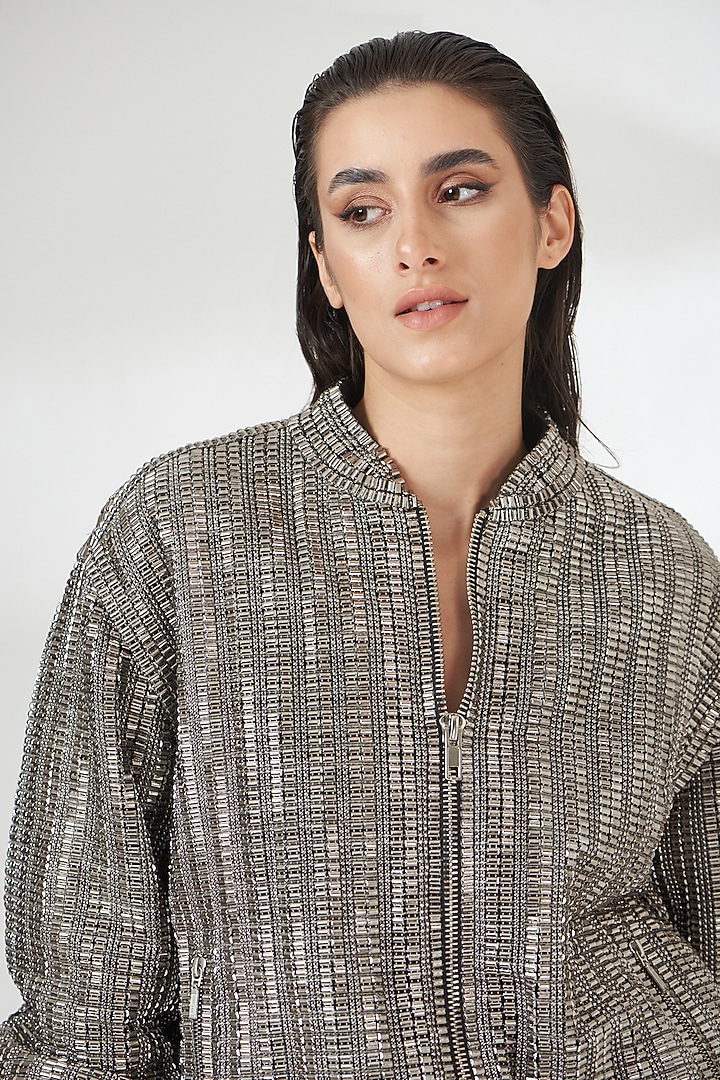 Silver Tulle Bomber Jacket by RUDRAKSH DWIVEDI at Pernia's Pop Up Shop