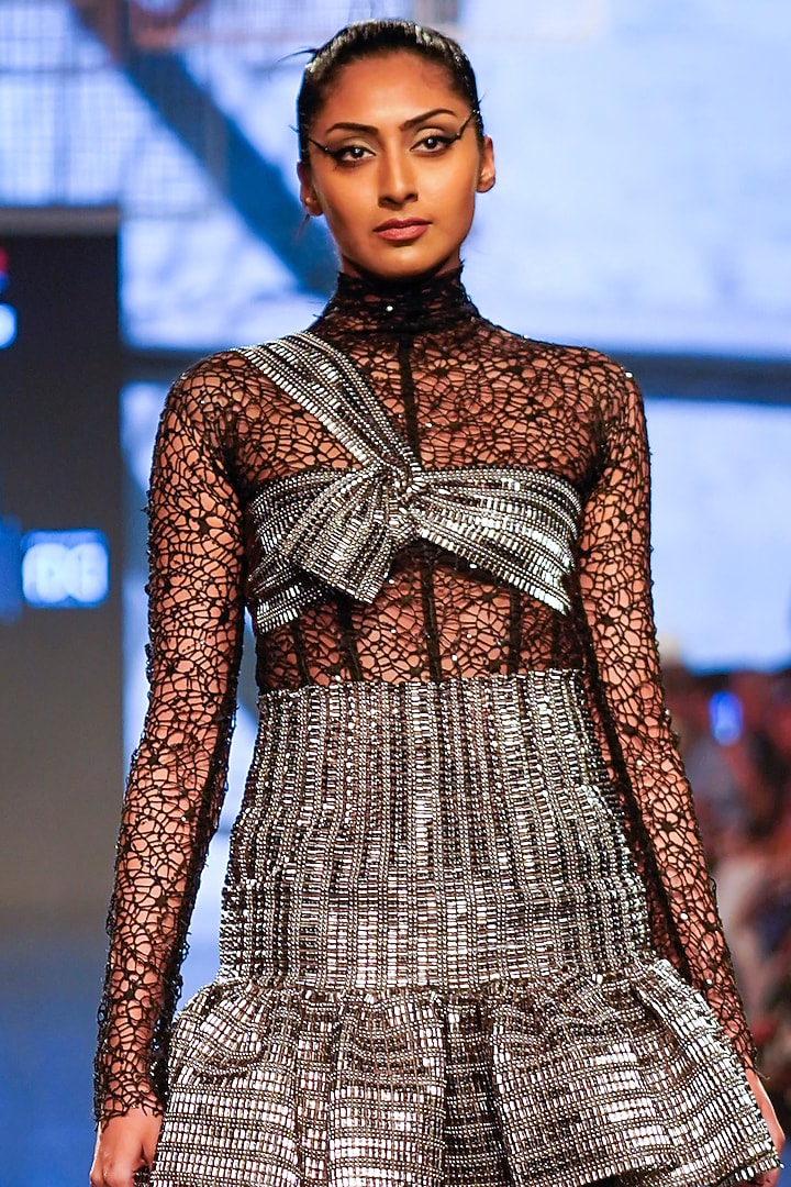 Black Mesh Embroidered Bodysuit by RUDRAKSH DWIVEDI at Pernia's Pop Up Shop
