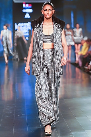 Gunmetal Sequins & Tulle Embroidered Trousers by RUDRAKSH DWIVEDI