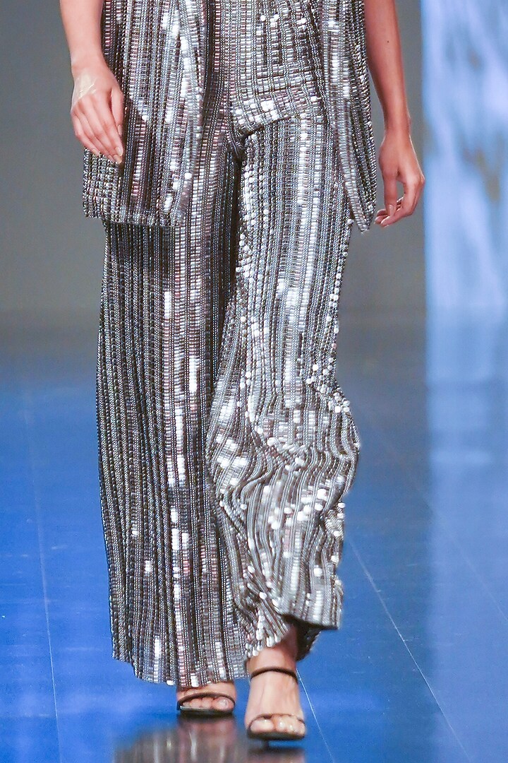 Gunmetal Sequins & Tulle Embroidered Trousers by RUDRAKSH DWIVEDI at Pernia's Pop Up Shop