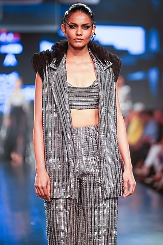 Gunmetal Tulle Embroidered Cowl Bralette by RUDRAKSH DWIVEDI