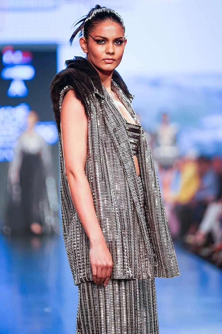 Gunmetal Tulle Embroidered Cowl Bralette by RUDRAKSH DWIVEDI at Pernia's Pop Up Shop