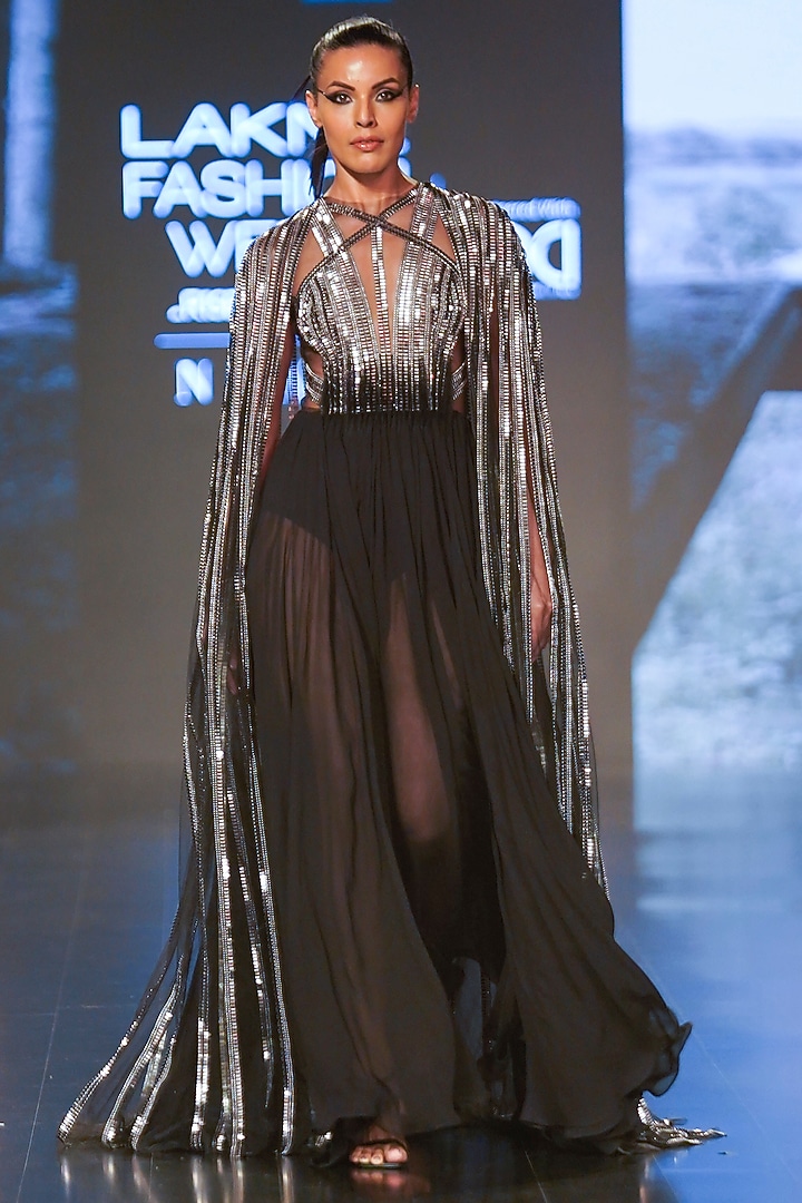 Gunmetal & Black Georgette Embroidered Engagement Gown by RUDRAKSH DWIVEDI at Pernia's Pop Up Shop