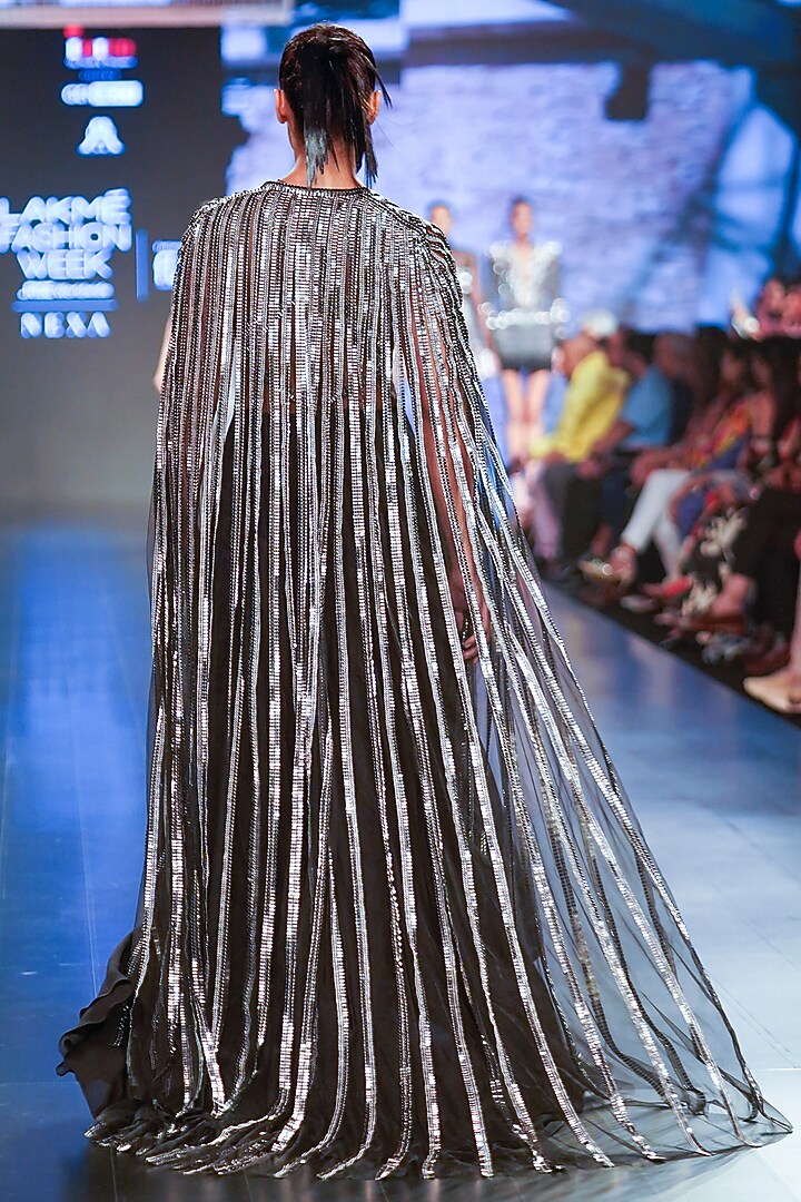 Gunmetal & Black Georgette Embroidered Engagement Gown by RUDRAKSH DWIVEDI at Pernia's Pop Up Shop