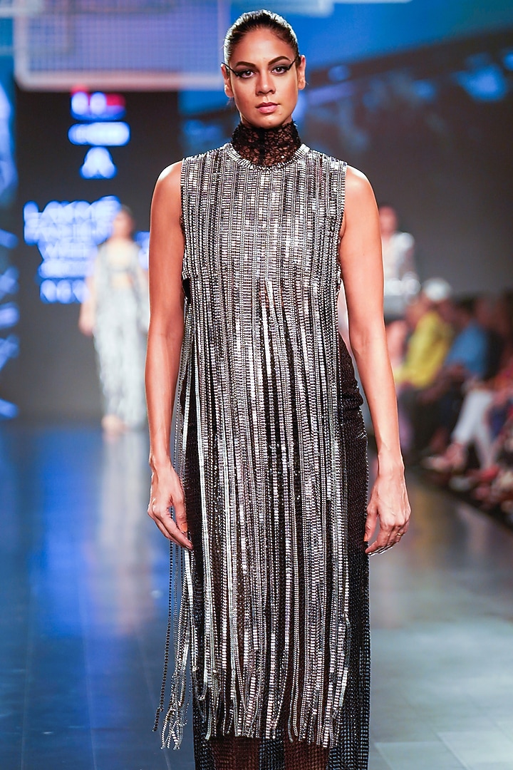 Black Mesh Embroidered Bodysuit by RUDRAKSH DWIVEDI at Pernia's Pop Up Shop