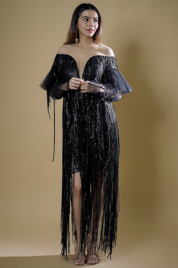 Black Tulle Embellished Dress by RUDRAKSH DWIVEDI