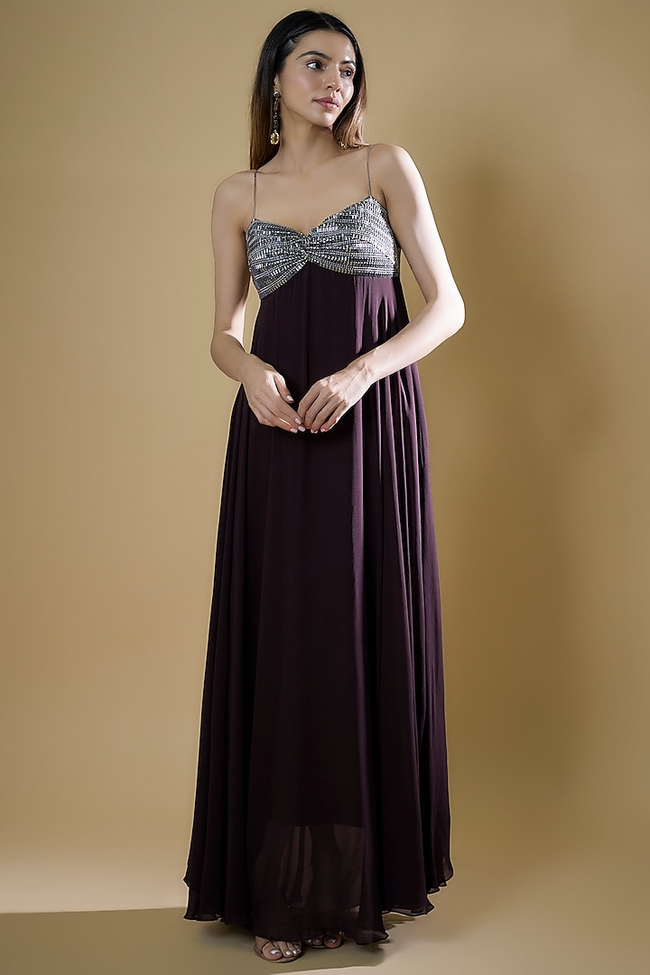 Burgundy Georgette Embellished Slip Dress by RUDRAKSH DWIVEDI