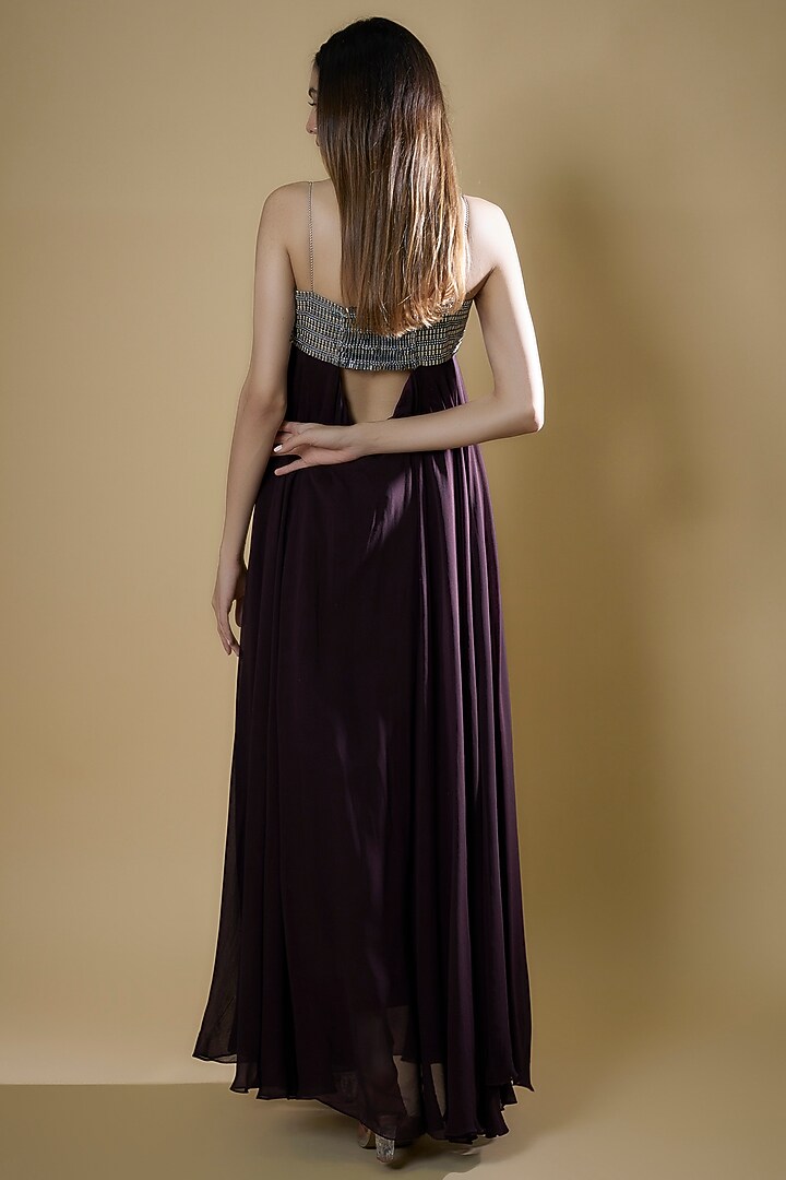 Burgundy Georgette Embellished Slip Cocktail Dress by RUDRAKSH DWIVEDI at Pernia's Pop Up Shop