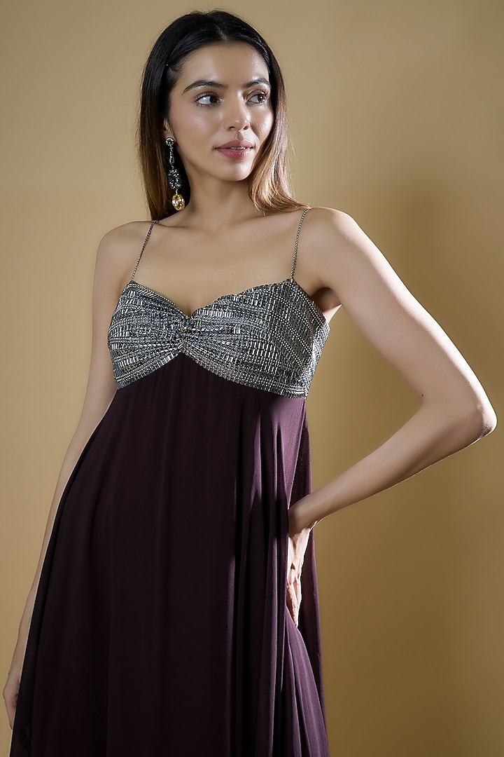 Burgundy Georgette Embellished Slip Cocktail Dress by RUDRAKSH DWIVEDI at Pernia's Pop Up Shop