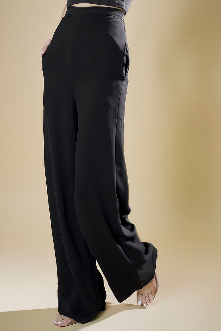 Black Moroccan Crepe Wide-Legged Trousers by RUDRAKSH DWIVEDI