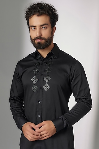 Black Metallic Cord Shirt by RimZim Dadu Men