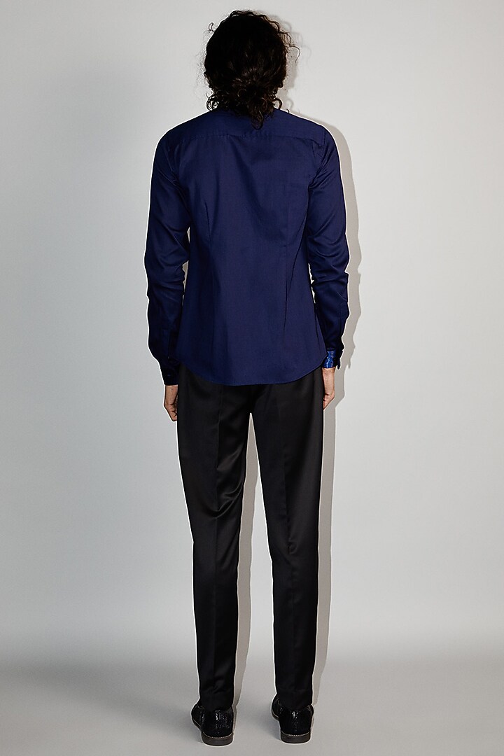 Navy Blue Metallic Cord Wedding Shirt by Rimzim Dadu Men at Pernia's Pop Up Shop