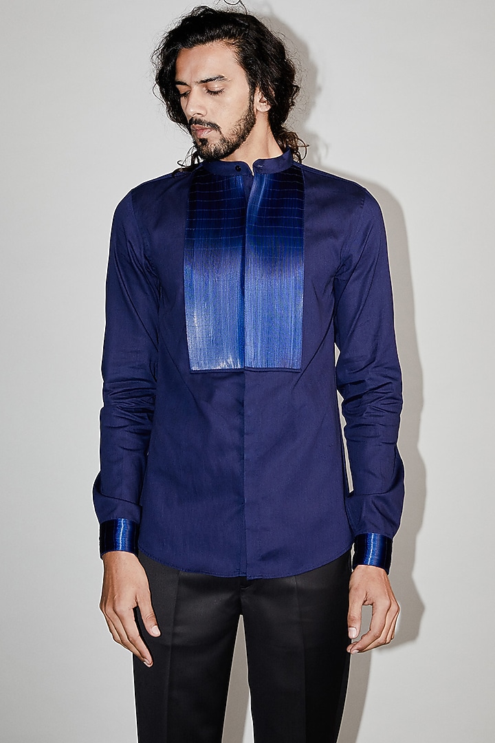 Navy Blue Metallic Cord Wedding Shirt by Rimzim Dadu Men at Pernia's Pop Up Shop