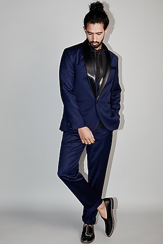 Navy Blue Metallic Cord Tuxedo Set by Rimzim Dadu Men