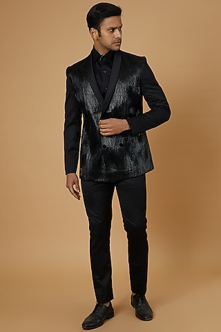Black Metallic Cord Embroidered Tuxedo Set by RimZim Dadu Men