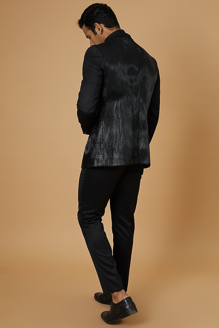 Black Metallic Cord Embroidered Tuxedo Set by RimZim Dadu Men at Pernia's Pop Up Shop