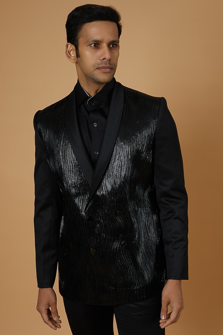 Black Metallic Cord Embroidered Tuxedo Set by RimZim Dadu Men at Pernia's Pop Up Shop