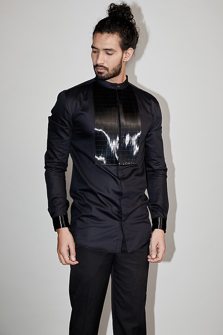 Black Metallic Cord Wedding Shirt by Rimzim Dadu Men at Pernia's Pop Up Shop