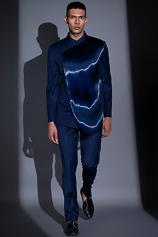 Navy Blue Metallic Cord Bandhgala Set by Rimzim Dadu Men
