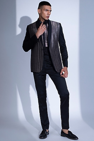Black Metallic Cord Tuxedo Set by Rimzim Dadu Men