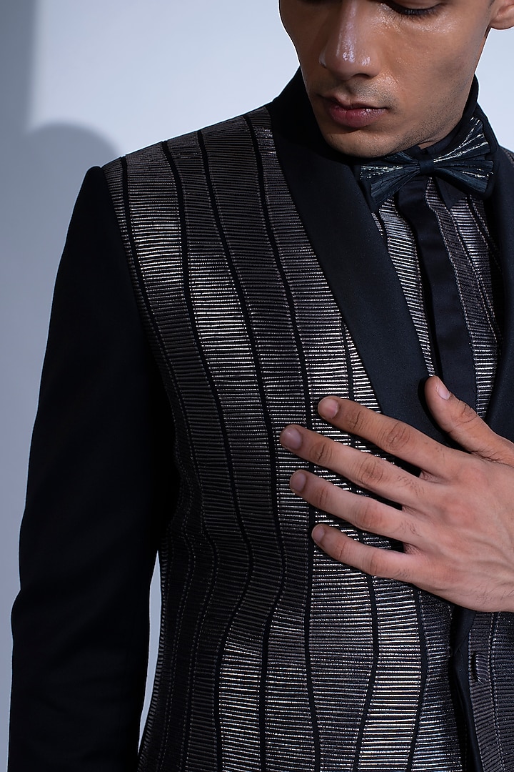 Black Metallic Cord Tuxedo Set by Rimzim Dadu Men at Pernia's Pop Up Shop