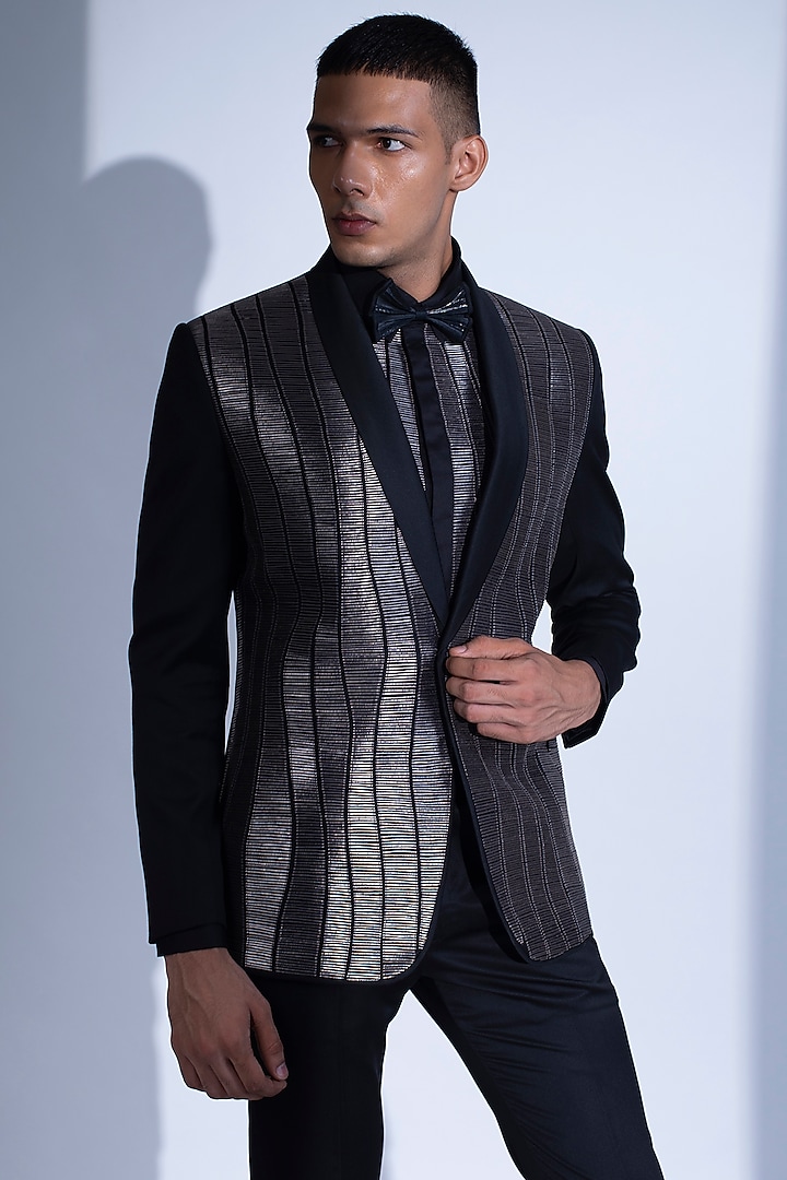 Black Metallic Cord Tuxedo Set by Rimzim Dadu Men at Pernia's Pop Up ...