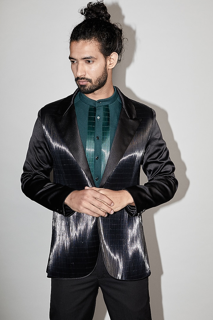 Black Metallic Cord Tuxedo Set by Rimzim Dadu Men at Pernia's Pop Up Shop