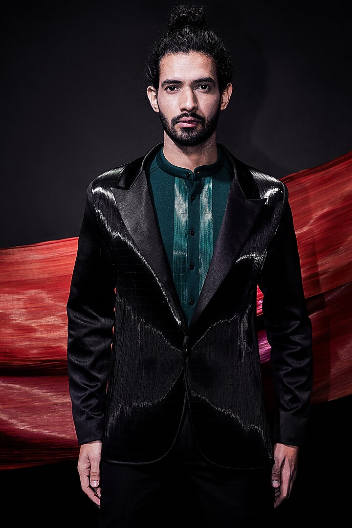 Black Metallic Cord Tuxedo Set by Rimzim Dadu Men at Pernia's Pop Up Shop