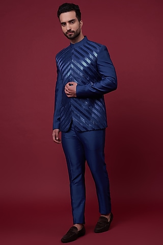 Blue Metallic Cord Bandhgala Set by Rimzim Dadu Men