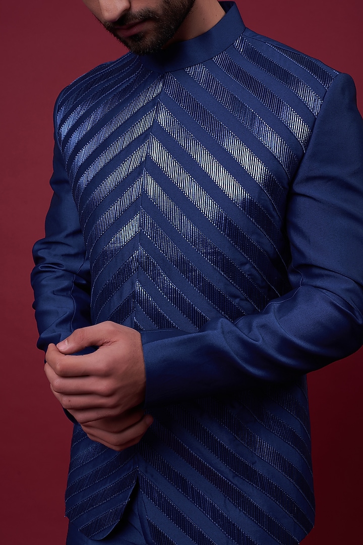 Blue Metallic Cord Groom Bandhgala Set by Rimzim Dadu Men at Pernia's Pop Up Shop
