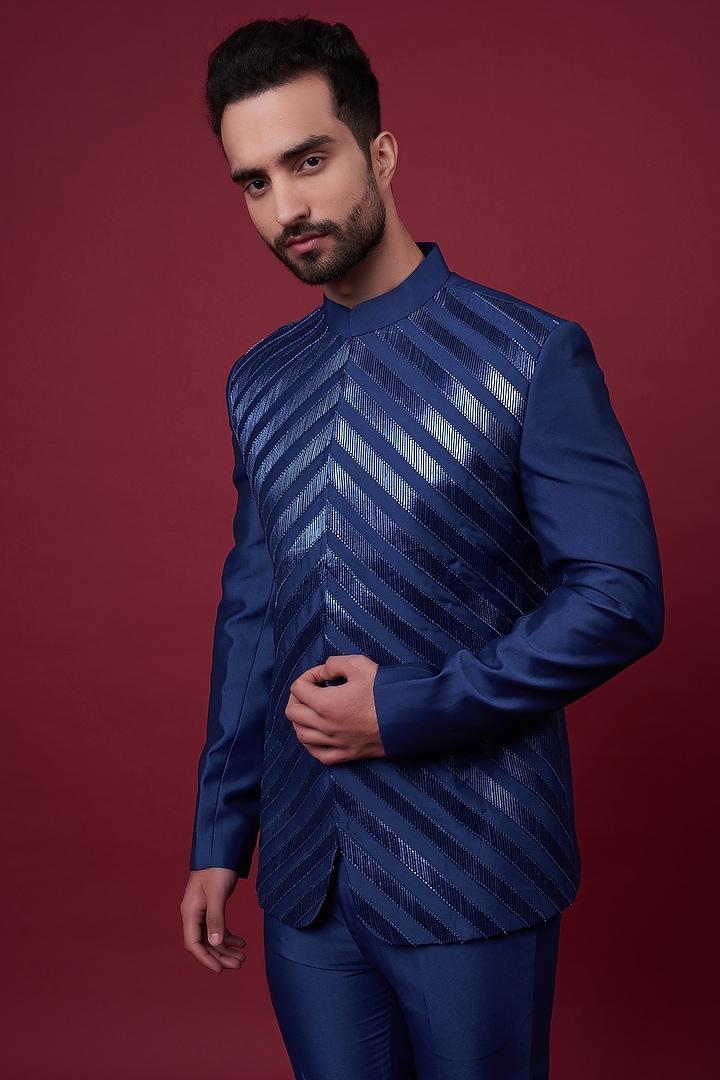 Blue Metallic Cord Groom Bandhgala Set by Rimzim Dadu Men at Pernia's Pop Up Shop