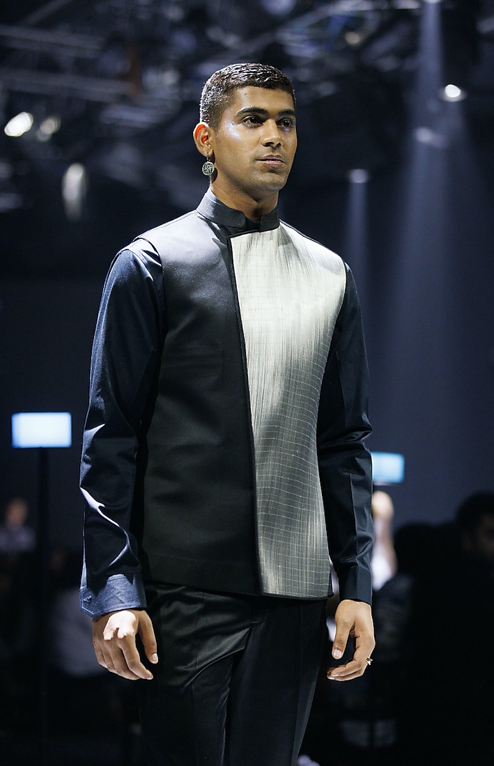 Black & Silver Asymmetrical Nehru Jacket by RimZim Dadu Men