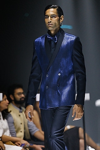 Royal Blue Double-Breasted Jacket Set by RimZim Dadu Men