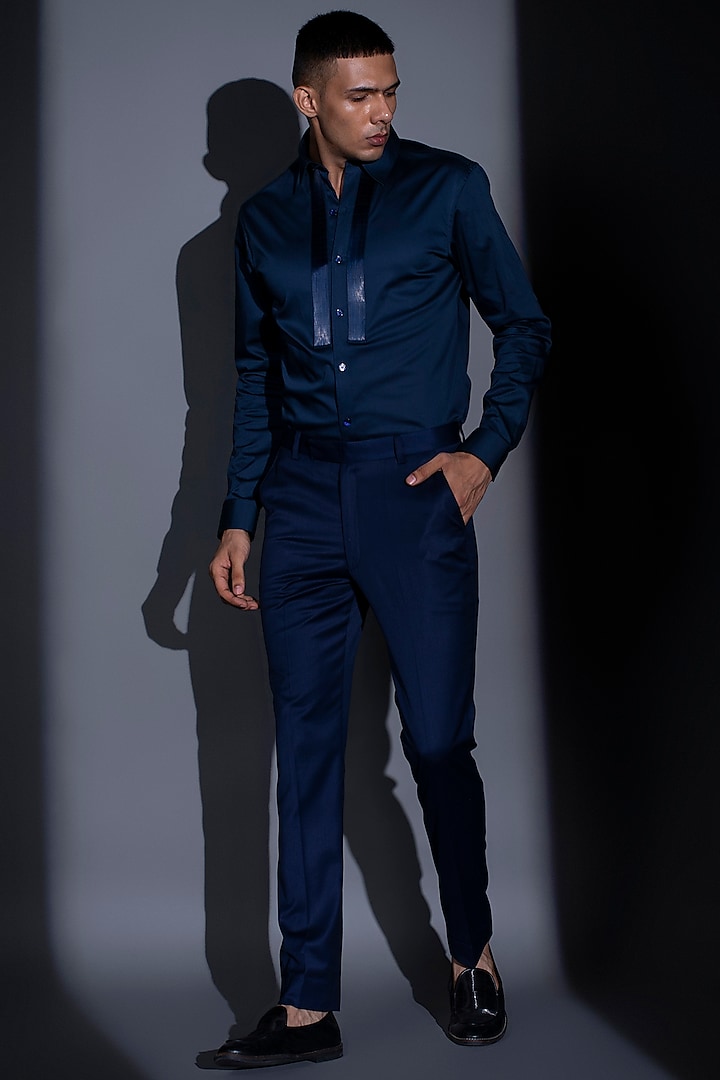 Navy Blue Metallic Cord Shirt by Rimzim Dadu Men