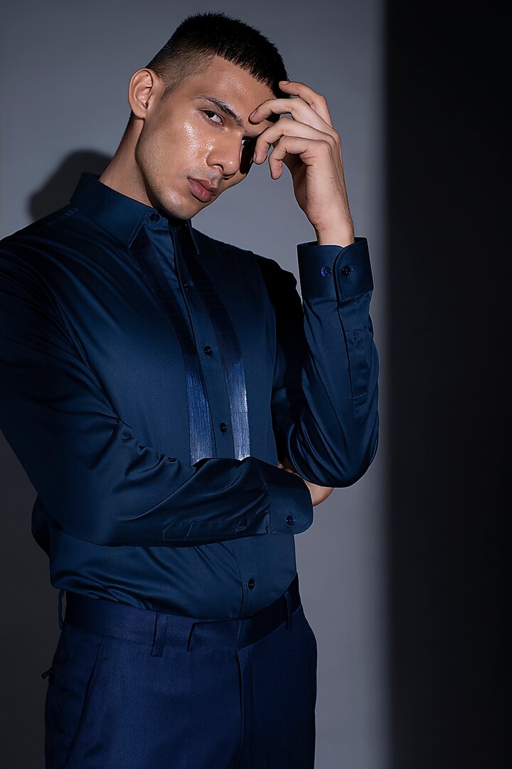Navy Blue Metallic Cord Wedding Shirt by Rimzim Dadu Men at Pernia's Pop Up Shop