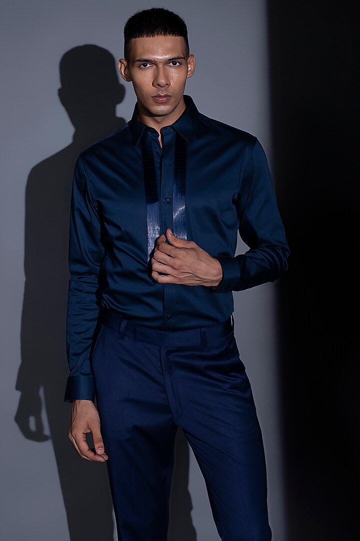 Navy Blue Metallic Cord Wedding Shirt by Rimzim Dadu Men at Pernia's Pop Up Shop