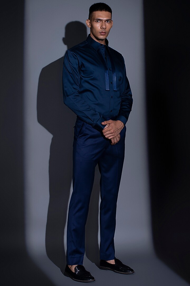 Navy Blue Metallic Cord Wedding Shirt by Rimzim Dadu Men at Pernia's Pop Up Shop