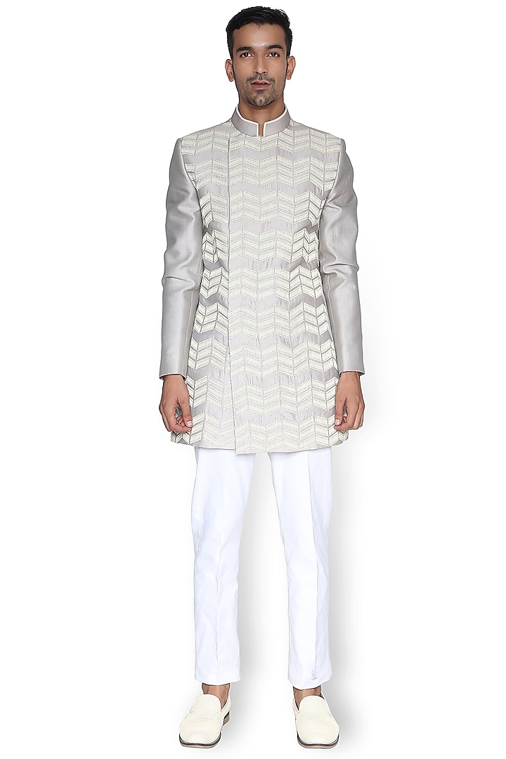 White Chanderi Indowestern With Metallic Cords by Rimzim Dadu Men