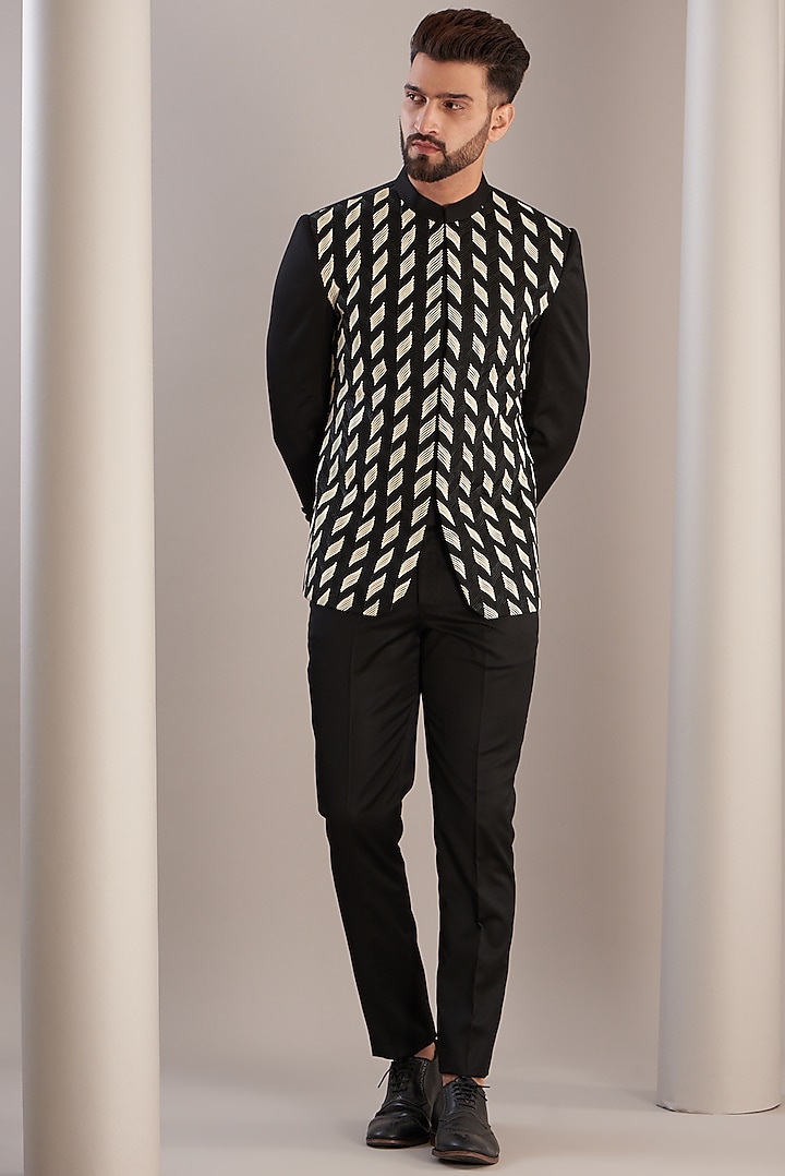 Black & White Metallic Cord Bandhgala Jacket by RimZim Dadu Men