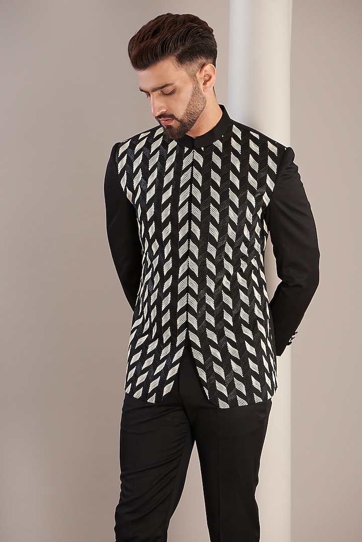 Black & White Metallic Cord Groom Bandhgala Jacket by RimZim Dadu Men at Pernia's Pop Up Shop