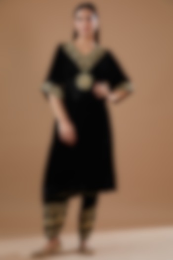 Black Velvet Hand Embroidered Kaftan-Kurta Set by Radhika Nandwani at Pernia's Pop Up Shop