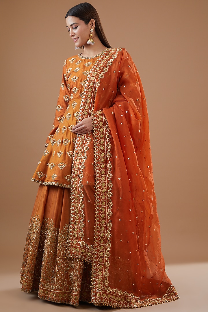 Orange Raw Silk Zardosi Hand Embroidered Bridal Lehenga Set by Radhika Nandwani at Pernia's Pop Up Shop