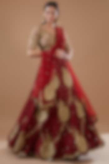 Maroon Pure Raw Silk Zardosi Hand Embroidered Bridal Lehenga Set by Radhika Nandwani at Pernia's Pop Up Shop