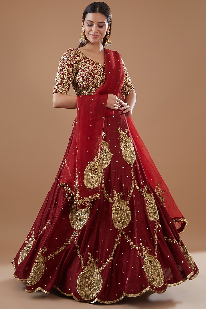 Maroon Pure Raw Silk Zardosi Hand Embroidered Bridal Lehenga Set by Radhika Nandwani at Pernia's Pop Up Shop