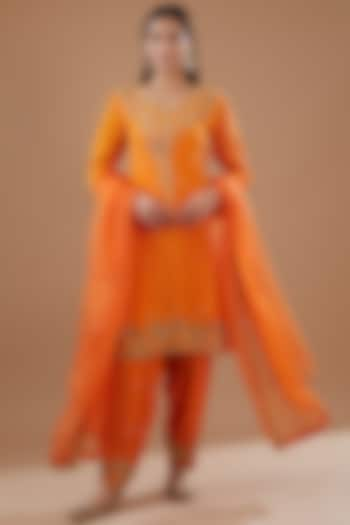 Orange Crepe Hand Embroidered Kurta Set by Radhika Nandwani at Pernia's Pop Up Shop