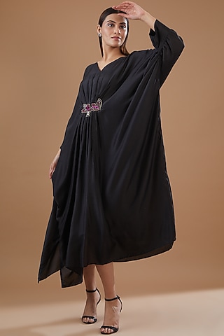 Black Crepe Embroidered Pleated Kaftan by Radhika Nandwani