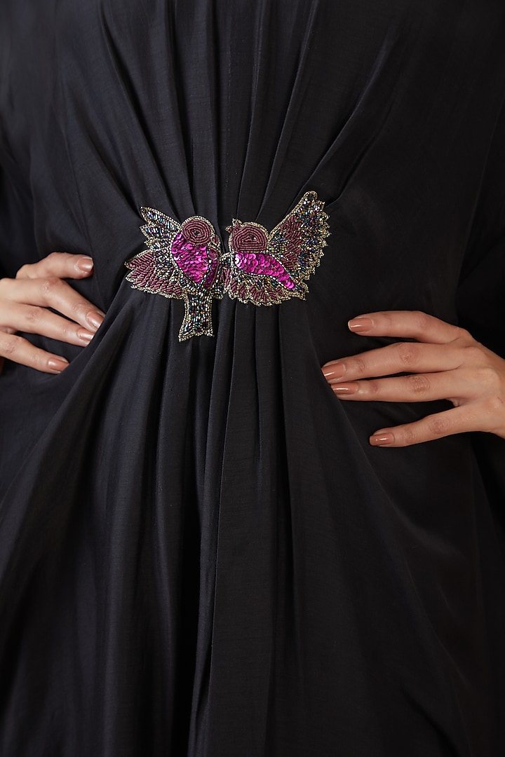 Black Crepe Embroidered Pleated Kaftan by Radhika Nandwani at Pernia's Pop Up Shop
