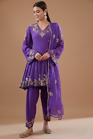 Purple Crepe Hand Embroidered Kurta Set by Radhika Nandwani