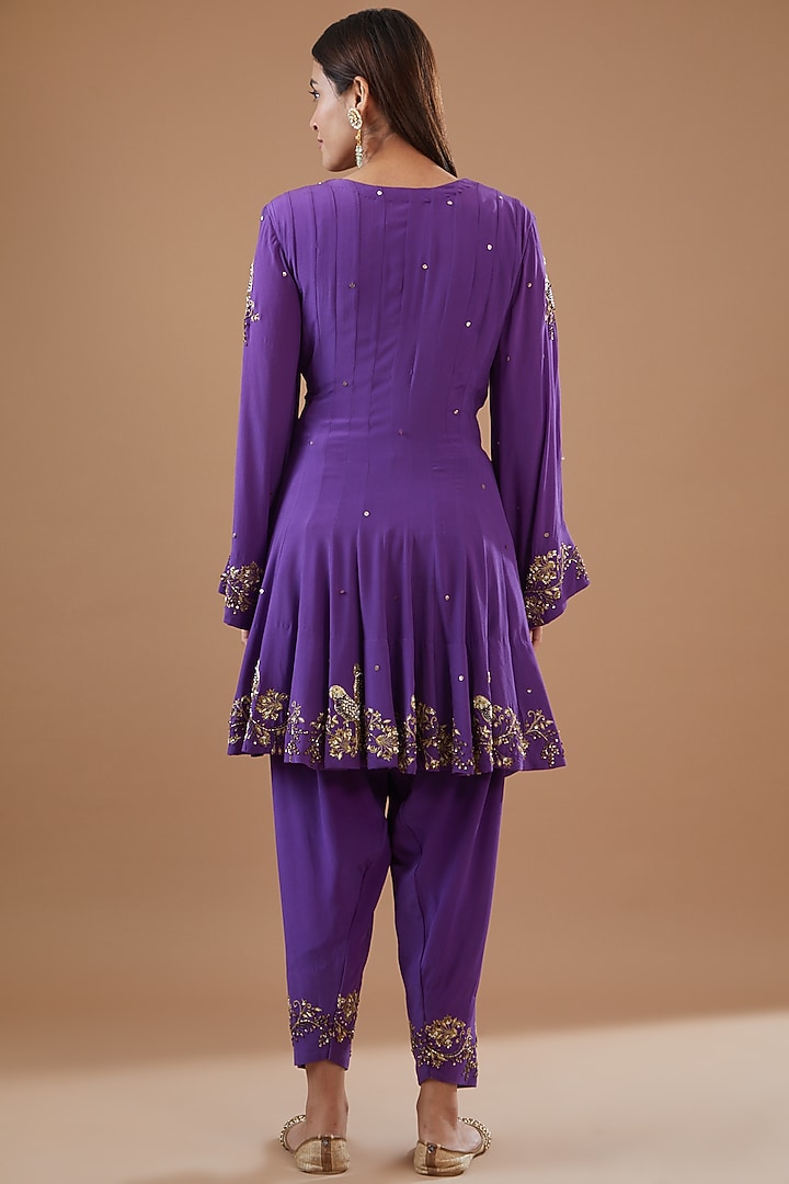 Purple Crepe Hand Embroidered Kurta Set by Radhika Nandwani at Pernia's Pop Up Shop