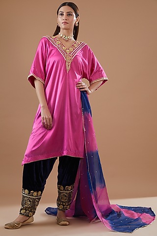 Pink Satin Zardosi Hand Embroidered Kaftan kurta Set by Radhika Nandwani